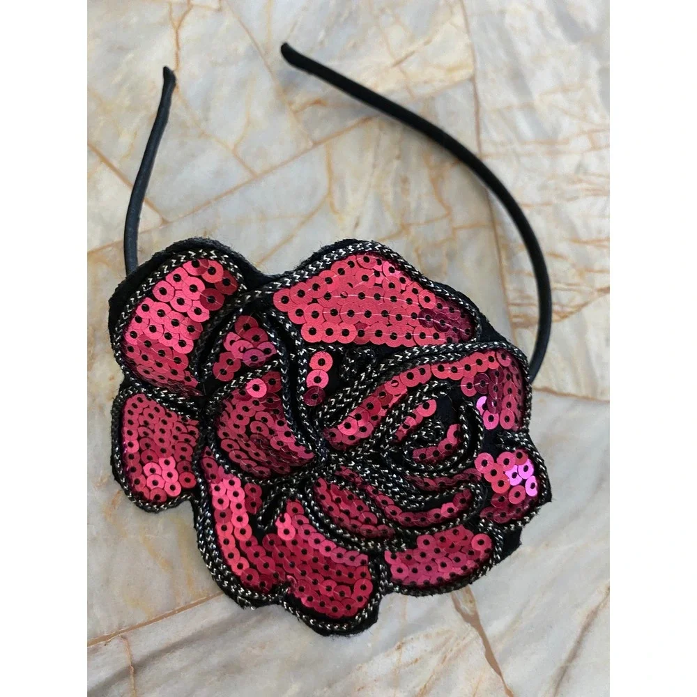Pink Sequin Rose Statement Headband Black Thin Band Floral Glam Accessory